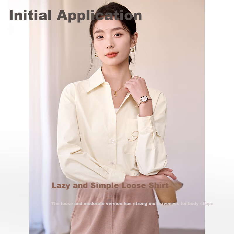 Chushen Spring And Autumn Long-Sleeve Shirt for Women, Turn-Down Collar, Embroidered Pocket Design, Versatile Commuter Blouse Top S143C2027