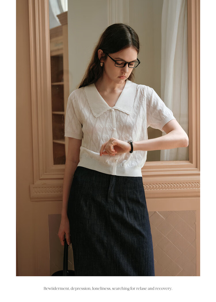Olrain White French Style Hollow Knit Pullover Women's Summer Tweed Top White S 14