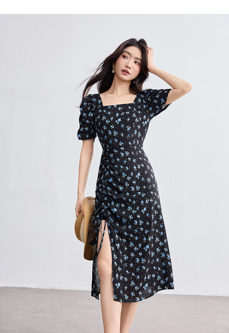 Sentubila French-Style Dress for Women, Summer Square Neckline, Ruched Sleeves, Vintage Polka Dot, Pleated Slit A-Line Skirt 15