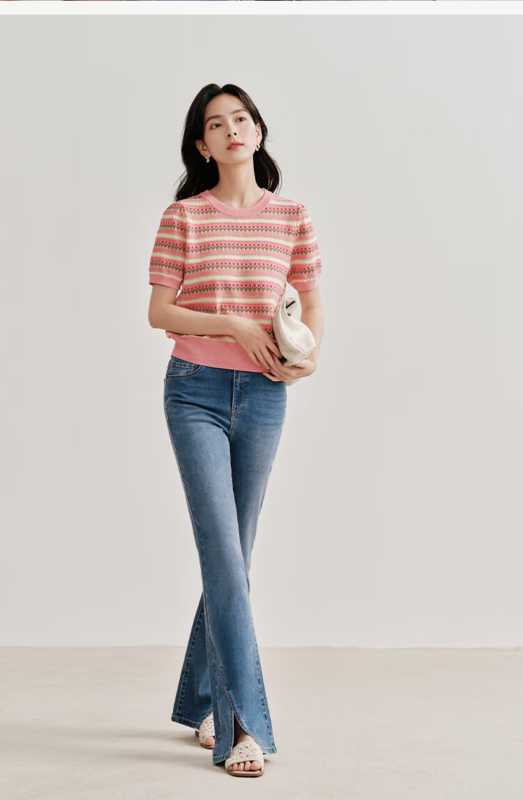 INMAN [Showroom Style] Suoluna Cool-Feeling Striped Short-Sleeve Women's Top, Summer 2026 Knitted Sweater, Yellow, Size L 16