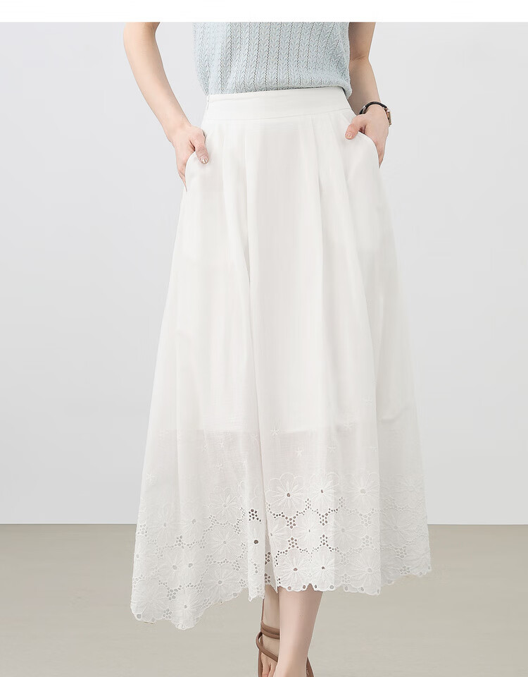 Shangdu Bila Pure Cotton High-Waist Hollow Embroidered White A-Line Midi Skirt for Women Summer Vacation Slim Fit Skirt 17