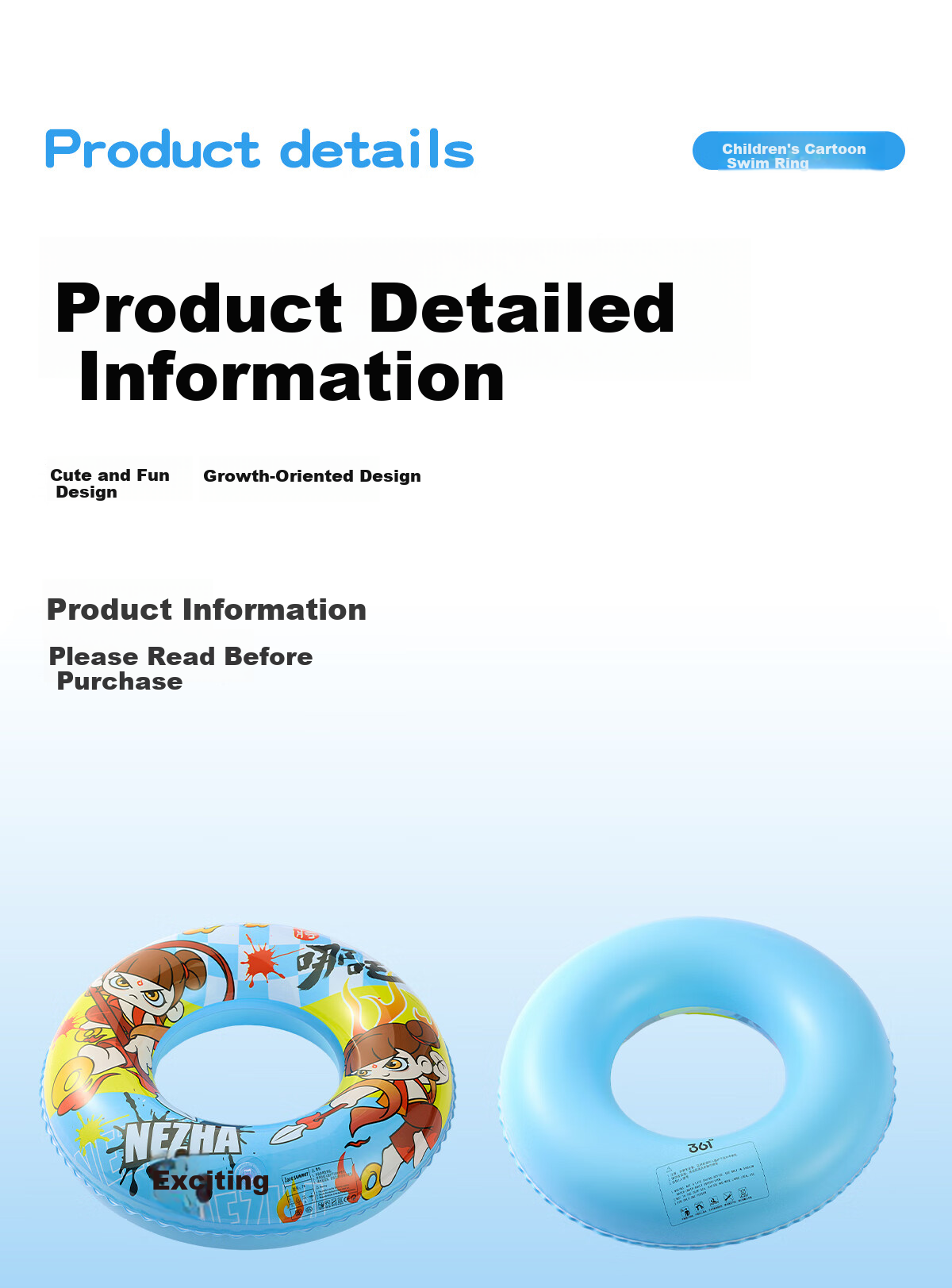 361° Children's Swim Ring, Cute Baby Underarm Thickened Inflatable Swimming Ring, Kids' Swimming Equipment, Nezha Blue 13