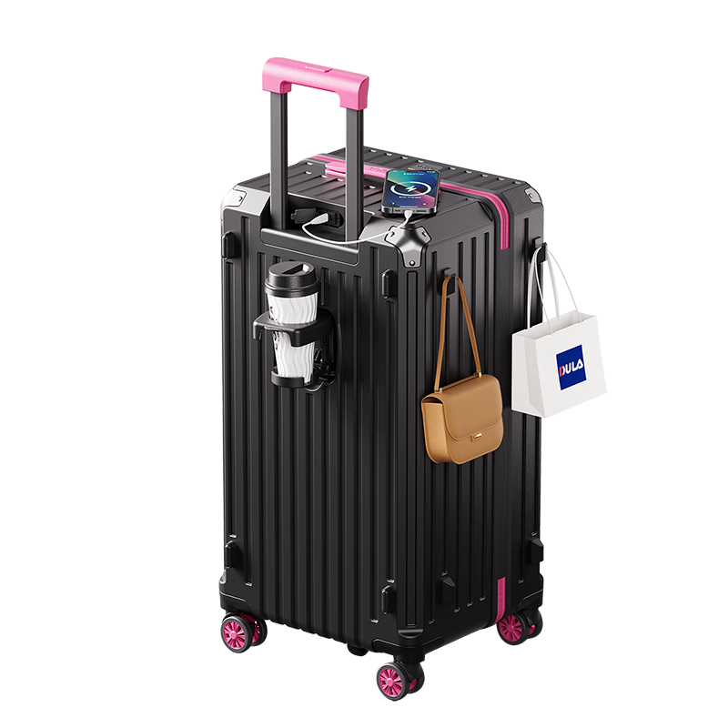 DULA Five-Wheel Large Capacity Suitcase with Cup Holder, Travel Luggage with Charging Port, Password Lock, Leather Case, Trendy Black Rose Color, 26 Inches