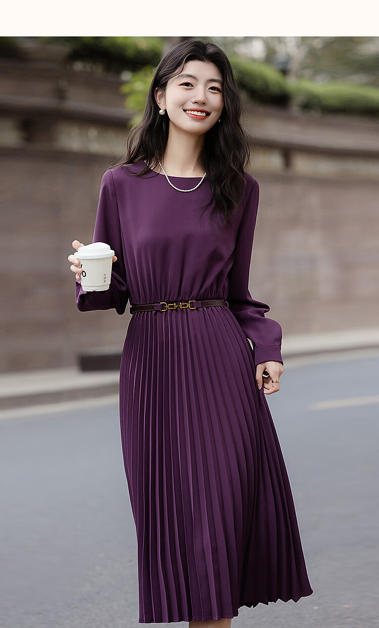 Dme [Elegant French-Style Lady] Autumn Draping Silk Elastic Waist Pleated Skirt, Ruched Belt Women's Dress 9
