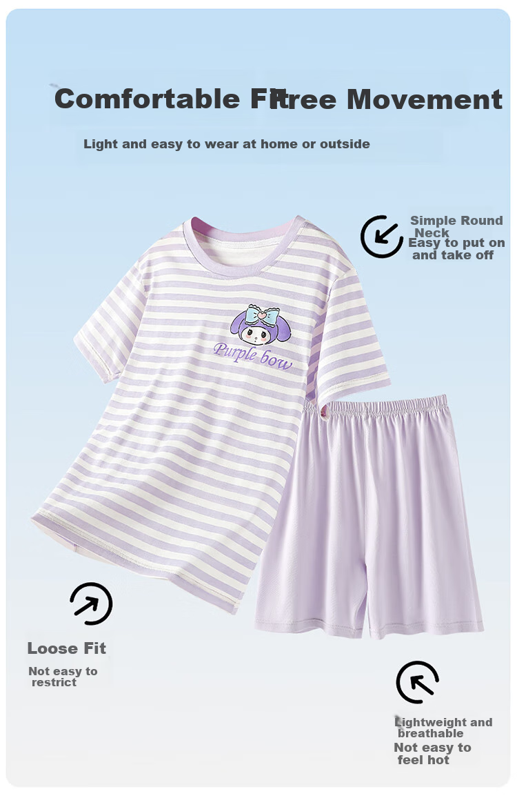 Bingxuemumian Children's Pajamas for Girls, Summer Pure Cotton Class A Thin Set, Short-Sleeve Shorts Round Neck Home Air Conditioning Wear Two-Piece Set 5