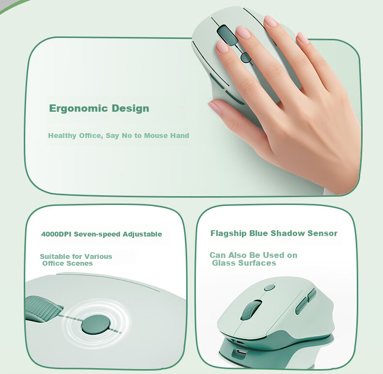 HP Engineer Ergonomic Mouse for Small And Medium Hands, Women's Mouse, Green, Wireless Bluetooth Dual Mode Office Mouse, Blue Shadow Sensor PAW3220 2