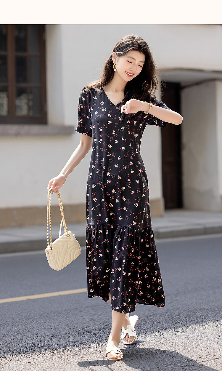 Dme [Jiweini Garden] Summer Sweet Style Round Neck Floral Print Waistless A-Line Dress for Petite Wome 11