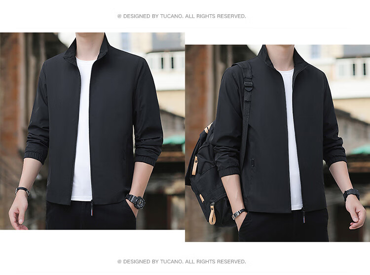 TUCANO Men's Spring Autumn Stand Collar Comfortable Business Casual Jacket Versatile Sports Solid Color Top Black L 5