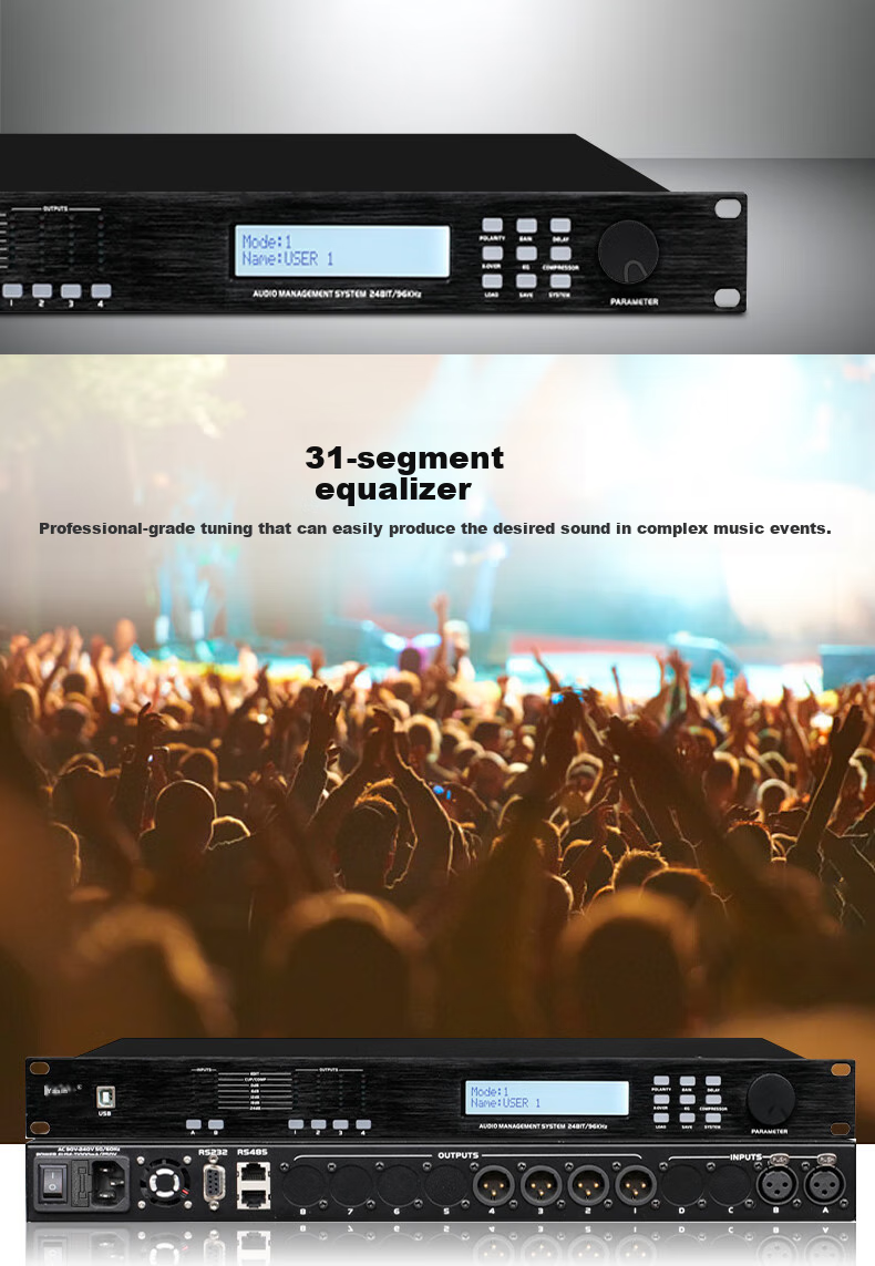 Weishu CA-300 Audio Processor, Two-In Four-Out Digital Audio Preamp Effects Processor, 2-In Equalizer And Delay Processor, Line Array Speaker Frequency Divider 4