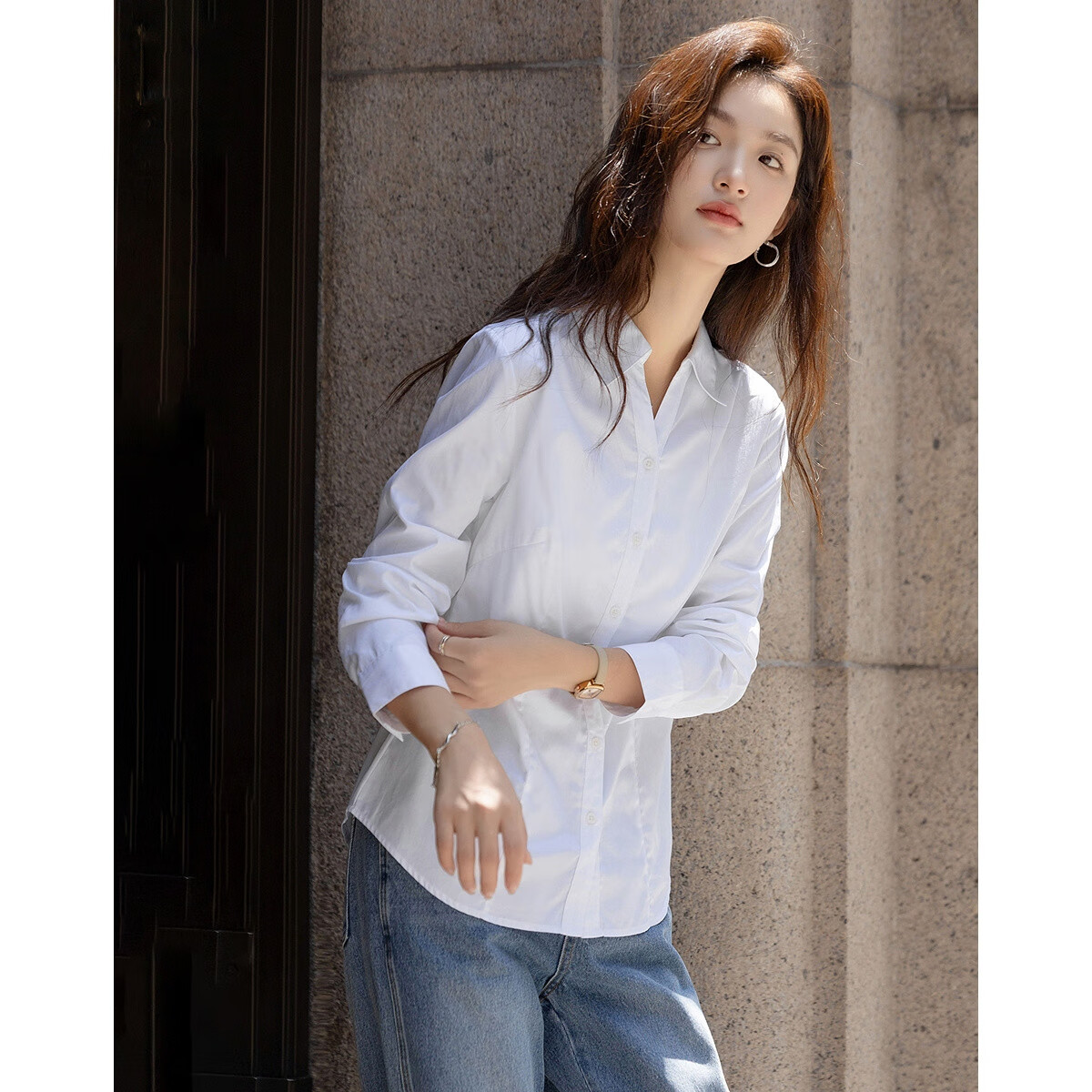 Dme Pure Cotton Island Autumn Elegant Commuter V-Neck Collar Princess Seam Waist Long Sleeve Shirt for Women