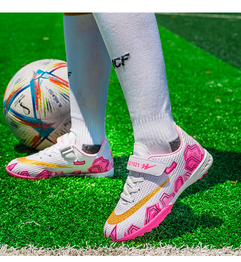 Shuangxing Children's Soccer Shoes, TF Turf Cleats, Summer Student Youth Big Kids Lightweight Non-Slip Wear-Resistant Football Boots, White And Pink, Size 34 17