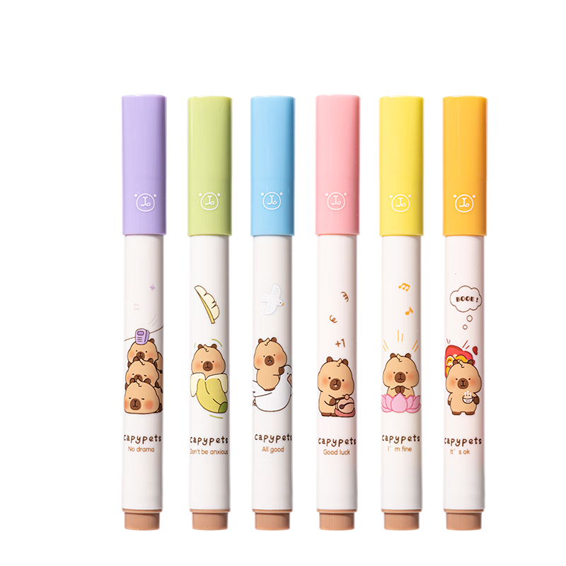 Deli Kapibara 6-Color Highlighters for Exam Review And Note-Taking, Colorful Markers for Journaling, Student Stationery, 6 Pens/Box BL004