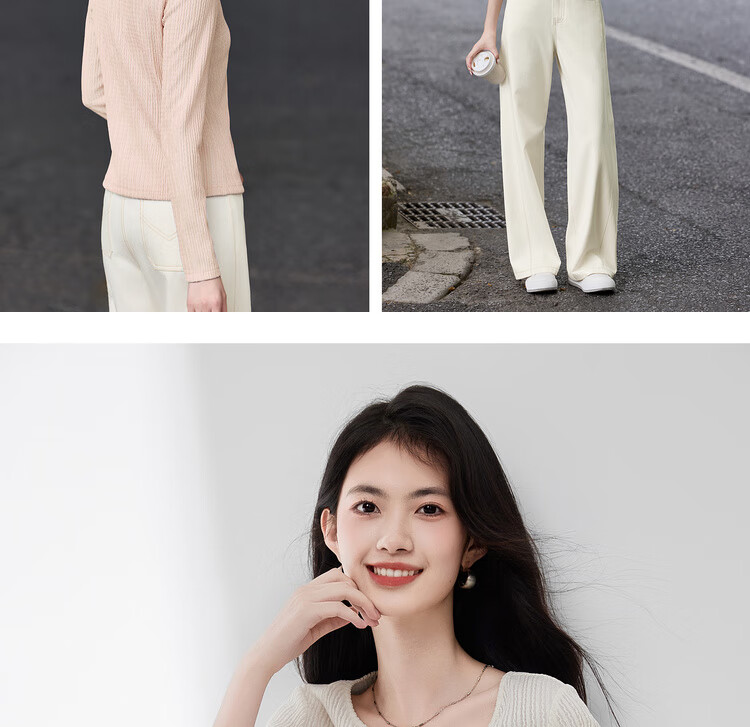 Sentubila [Solid Color Long-Sleeve T-Shirt], 2025 Autumn Vertical Striped Textured V-Neck Placket Three-Button Elastic Long T-Shirt 15