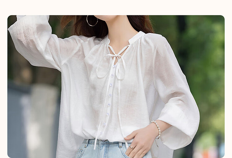Demana [Simple Life] Spring and Autumn Lightweight Oxygen Linen Lyocell Blend Elegant V-Neck Ribbon Pocket Sleeve Women's Shirt 5