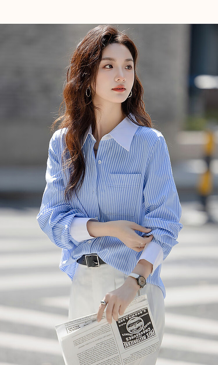 Demana [Salt Style Intellectual] Spring Autumn Smart Striped Color-Block Lapel Long Sleeve Shirt Slimming Women's Top 17
