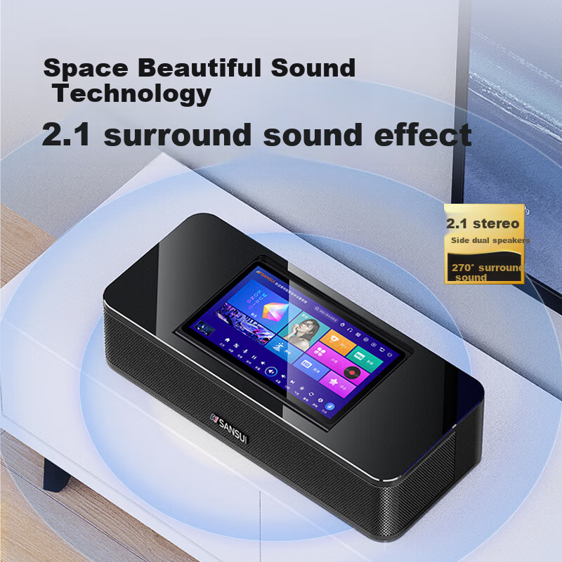 SANSUI 96H Умная домашняя караоке-система, портативная колонка с Bluetooth, Wi-Fi, HDMI, USB, оптическим и AUX входами, 14.1-дюймовый сенсорный экран, 500 ГБ памяти, 2 микрофона
