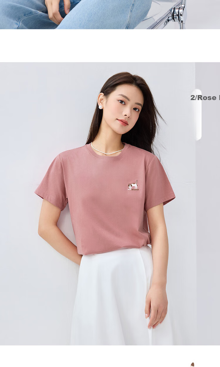 Giordano Women's Short Sleeve T-Shirt, Pure Cotton, Cute Age-Reducing Cat Embroidery, Round Neck Casual Top, 13325327 11