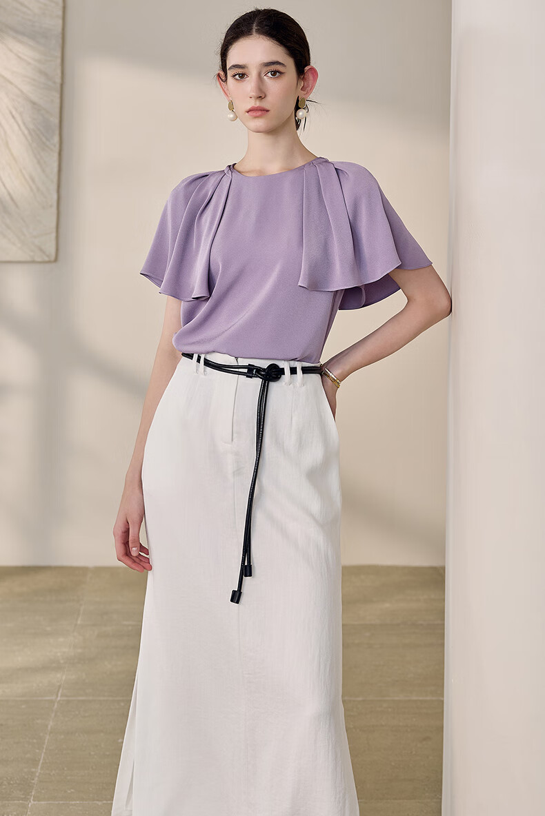 ROEYSHOUSE Women's Intellectual Commuter Cape Sleeve Shirt Summer Elegant Versatile Short Sleeve Top 10888 Purple M 1