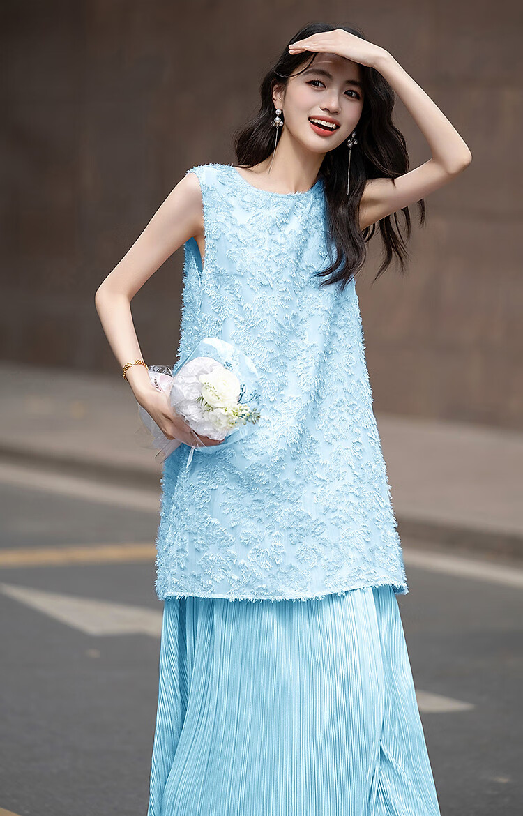 Dme [Design-Inspired Fake Two-Piece] Summer Lightweight Casual Three-Dimensional Pleated Straight-Line Waistless Dress for Wome 5