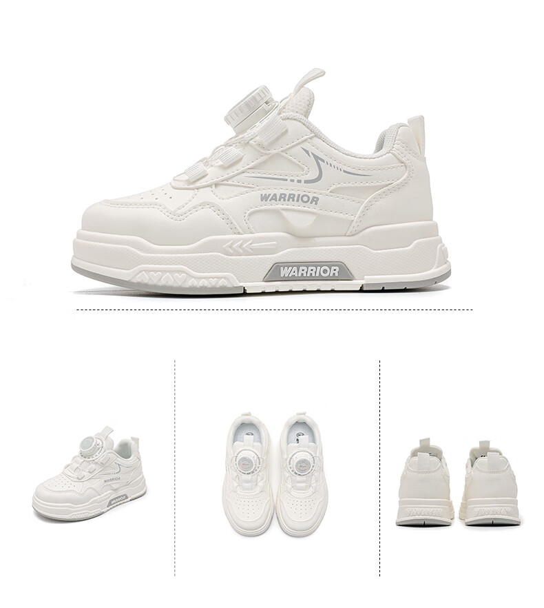 Warrior Kids Leather Panel Shoes Autumn Winter New Thick Sole Dial Button Boys and Girls Running Shoes WZCL1585 White Black Size 32 10
