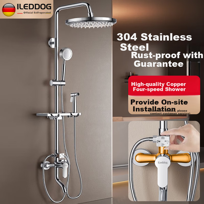 ILeddog [Germany] All-Copper Body Shower Head Set, 304 Stainless Steel Handheld Shower Head, High-Pressure Large Top Spray D5001