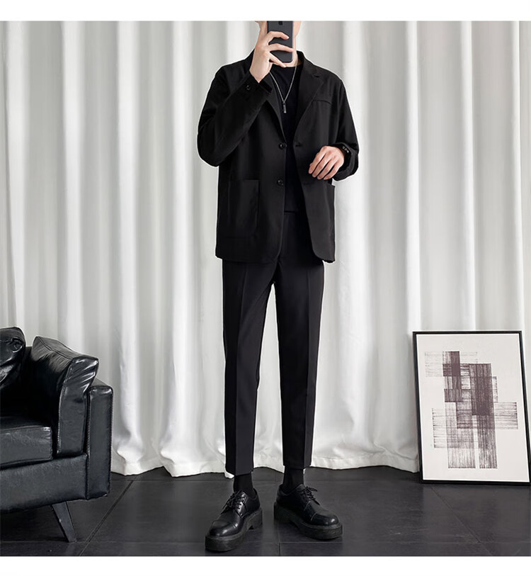 TUCANO Men's Suit Set Korean Style Fashion Two-Piece Business Casual Versatile Jacket and Comfortable Trousers Black XL 6