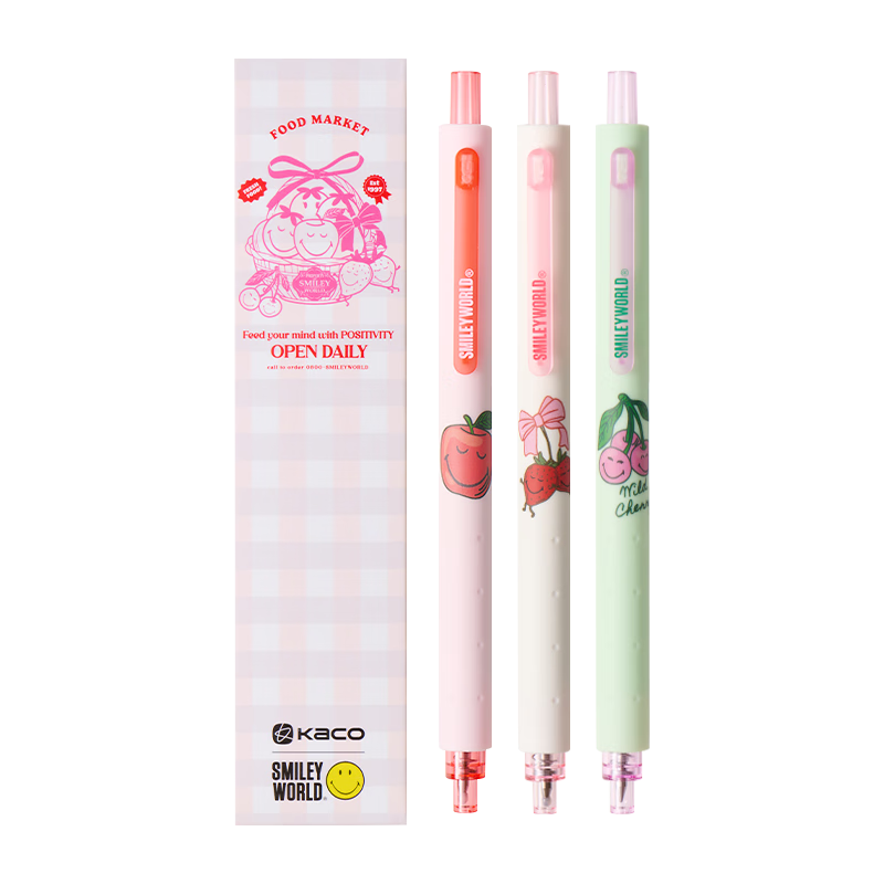 KACO SMILEYWORLD Fruit Sweetheart Black Gel Pen 0.5mm Retractable Cute Student Pen 3-Pack