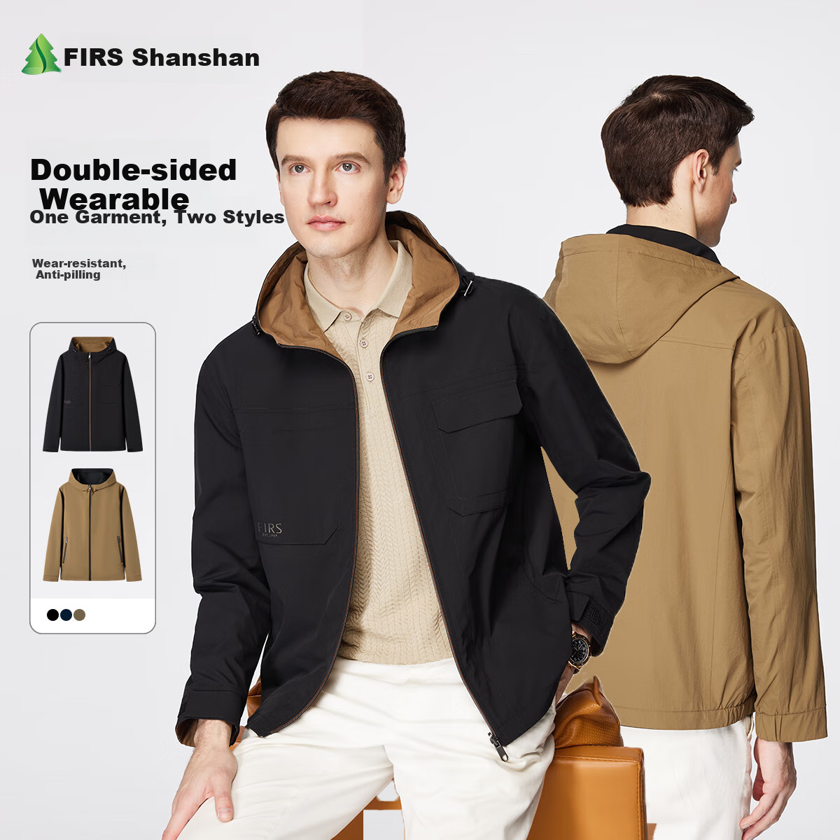 FIRS Double-Sided Hooded Jacket for Men, Spring And Autumn Zipper Windproof Rain-Resistant Adjustable Outdoor Commuter Coat