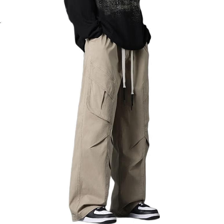 I'M DAVID Men's Khaki American Casual Work Pants Spring Autumn Straight Loose Wide-Leg Long Pants Black XL