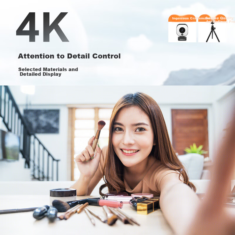 Lenovo ThinkPlus Computer Webcam, 4K HD Auto Focus, Dual Microphones, Plug-And Three-Level Soft Light Beauty Mode, Live Streaming, E-Commerce, Online Classes And Meetings Webcam WL58A