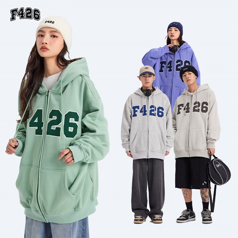 F426 Self-Operated Store National Trend Autumn Loose Versatile Couple Style Patchwork Embroidery Large LOGO Cardigan Sweatshirt Jacket, Light Green, L