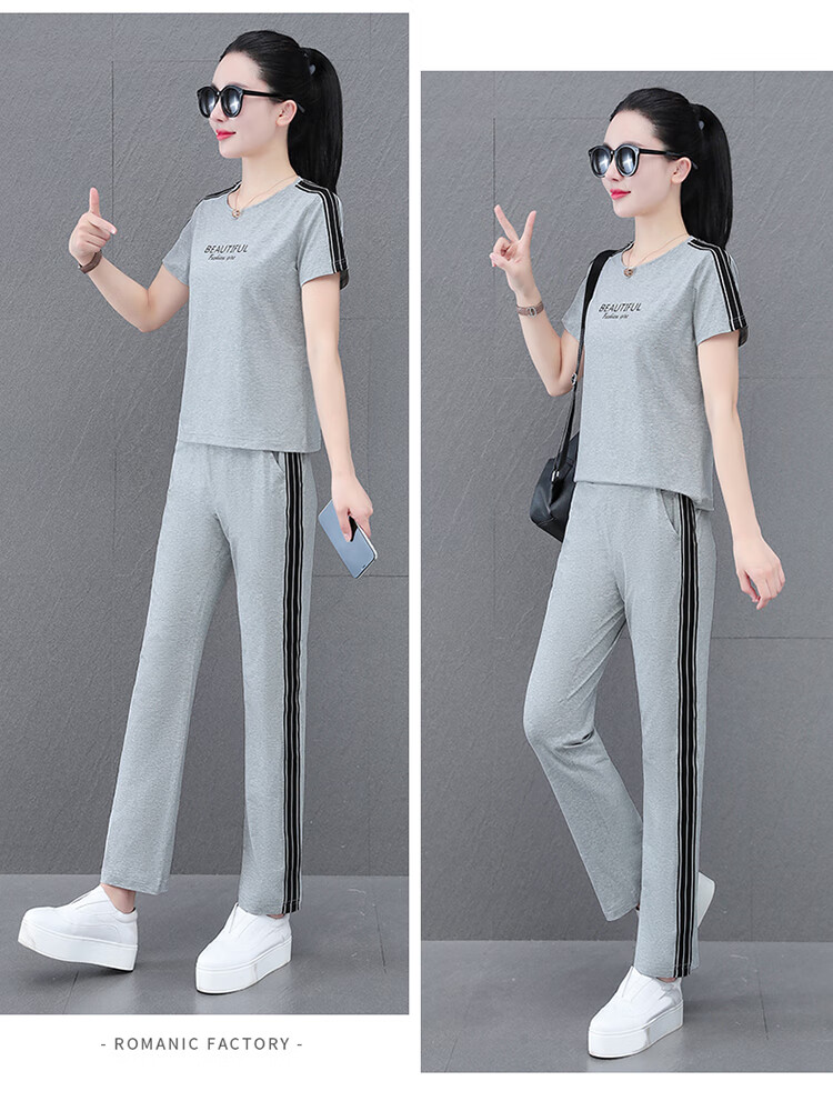 Woodpecker Pure Cotton Women's Summer Sportswear Set Loose Short Sleeve Long Pants Middle-aged Mom Casual Two-piece Suit Royal Blue 4XL 19