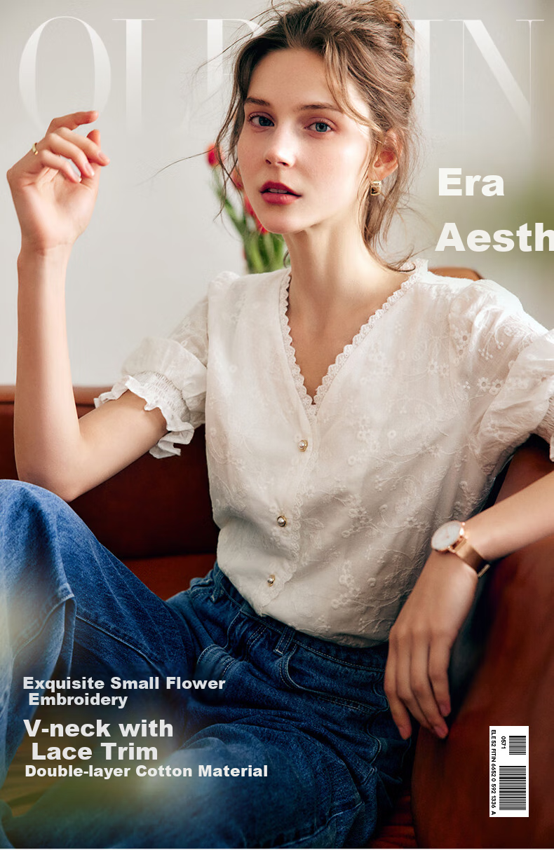 Olrain [Exquisite Small Flower Embroidery Lace Blouse], V-Neck Shirt, Summer Women's Top, Elegant Commuter Wear, White, M 1