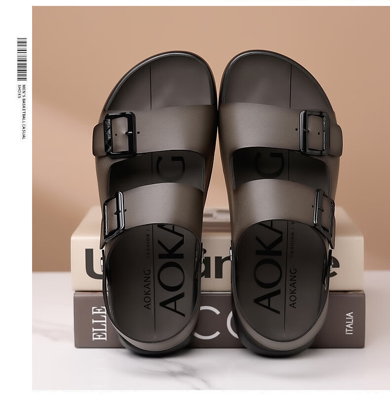 Aokang Men's Sandals, Summer Beach Shoes, Casual Slippers, Soft-Soled Sandals, Khaki Color, Size 42 5