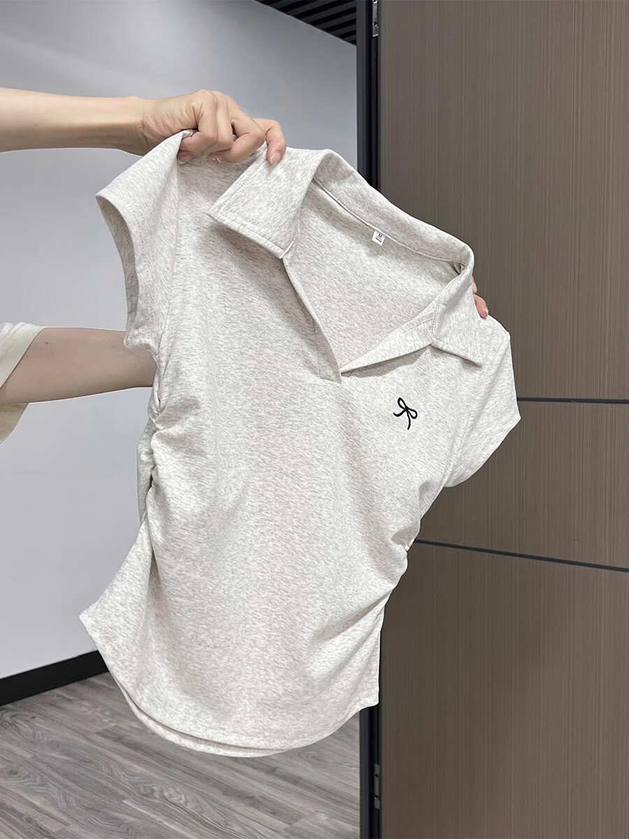 Woodpecker POLO Collar Pure Desire Short Sleeve Bow Embroidery Shoulder T-Shirt Women Slim Fit Cropped Top White L 14