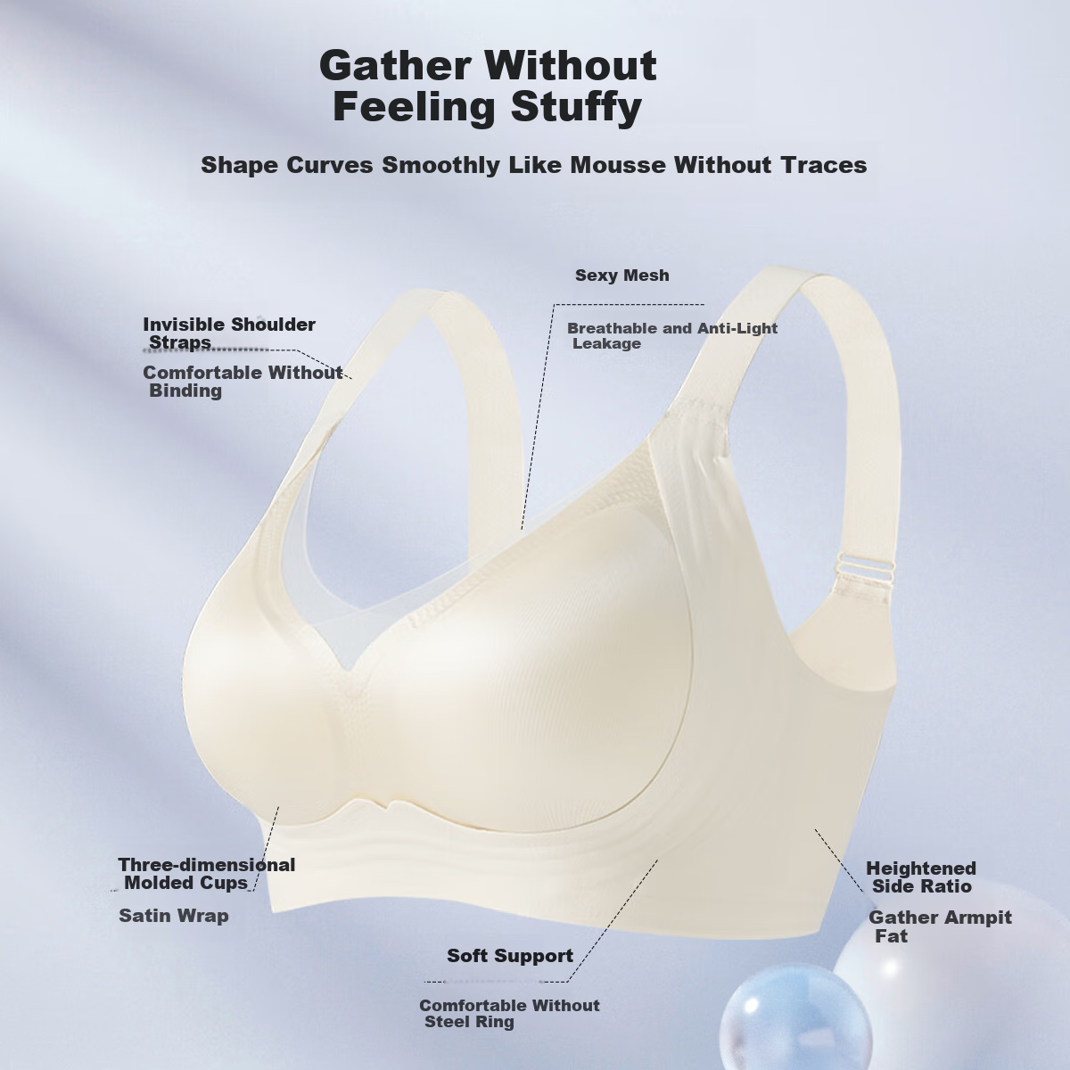 GRACEWELL Thin Bra for Women, Large Bust Minimizer, Jelly Strip Push-Up, Side Support, Anti-Sagging, Lift-Up, Adjustable Sports Bra