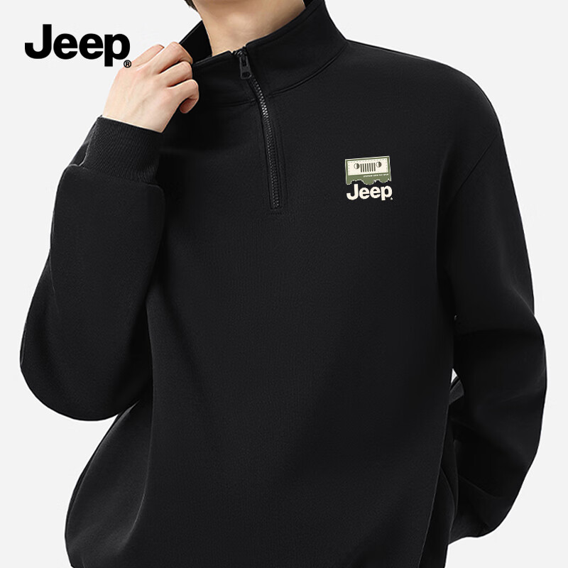 JEEP Men's Heavyweight Pullover Hoodie Spring Autumn Stand Collar Half-Zip Breathable Cotton Skin-Friendly Sweatshirt W Black L
