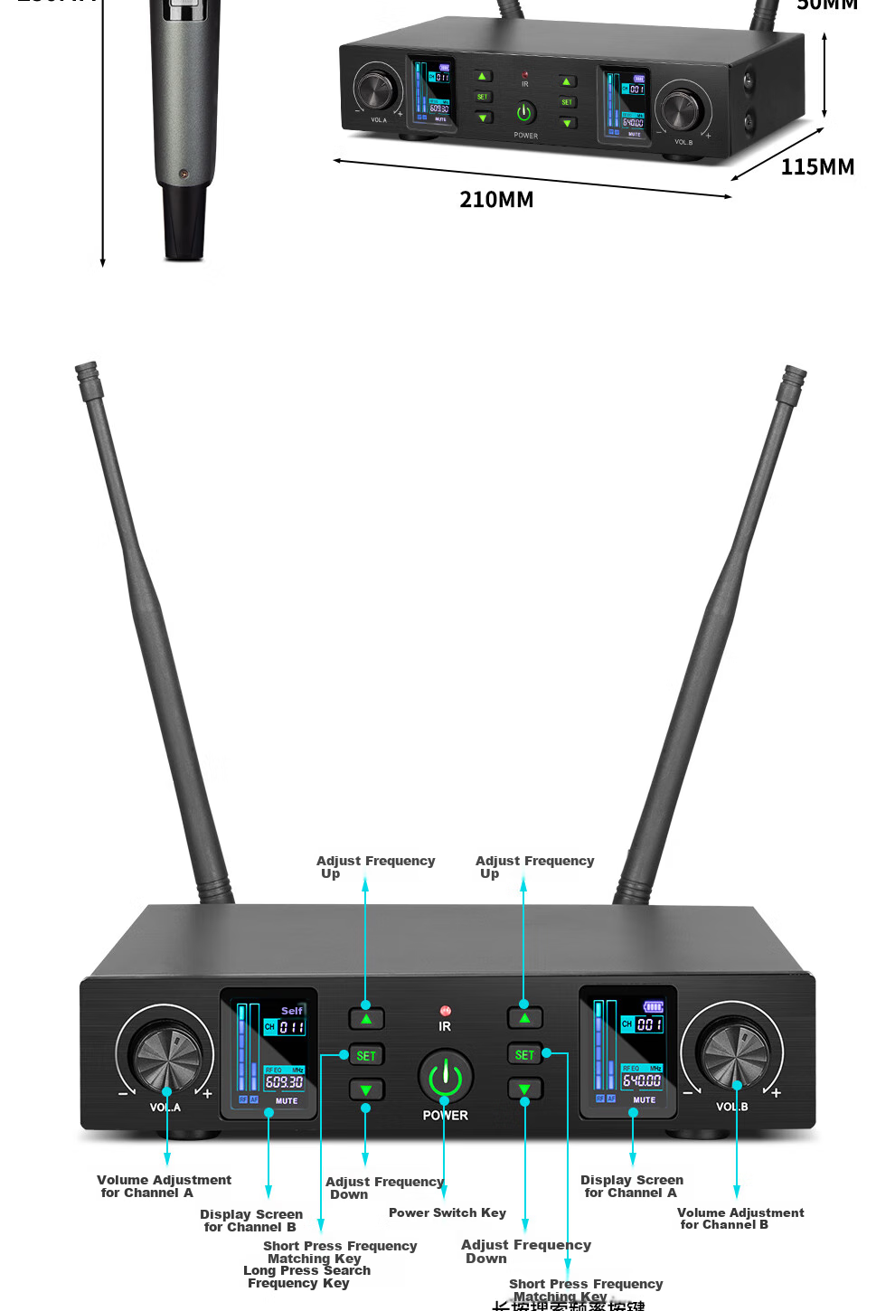 Depusheng WG1 Wireless Microphone System with Two Mics, Rechargeable Home Karaoke Conference KTV Speech Training Teaching Singing 80m Stable Reception UHF FM Professional Microphone 12