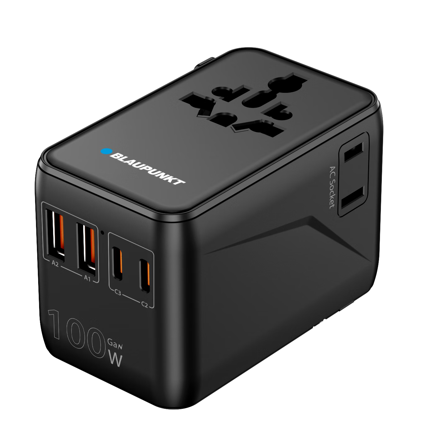 BLAUPUNKT German Global Universal Adapter, 100W GaN Fast Charging, All-In International Travel Converter, Compatible with US, EU, UK, Australian Standards, Six Ports for Simultaneous Charging