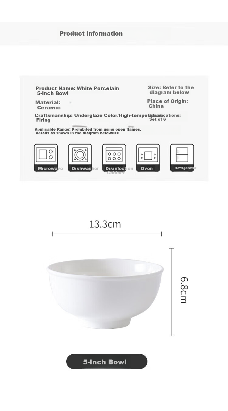 Jieyajie Ceramic Noodle Bowls, Personal Use White Porcelain Bowls, Chinese-Style 5-Inch Inverted Edge Rice Bowls, Microwave Safe, Set of 6 2