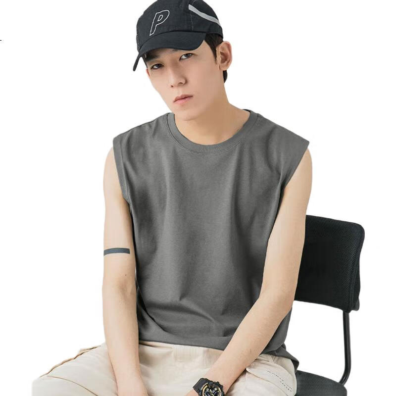 I'M DAVID Men's Sports Tank Top, Summer Round Neck Sleeveless Ice Silk Hong Kong Style Casual Solid Color Top T-Shirt for Men, Black And Gray, XL