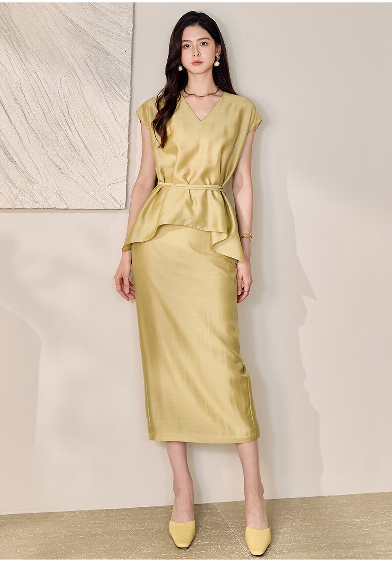 ROEYSHOUSE Women's Summer Casual Slim V-Neck Tie Two-Piece Set Top and Skirt 12233 Yellow M 5