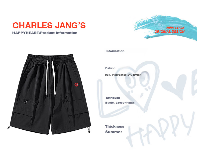 Chaersitaoxin Men's Shorts, Summer Heart Embroidery Straight-Leg Drawstring Loose Casual Cargo Five-Point Pants, Black, L 3