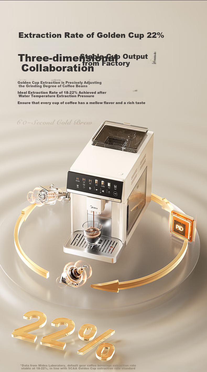 Midea [Flagship Master] Fully Automatic Coffee Machine with Cold And Hot Dual Extraction, All-In Grinder, Home And Office Use, Italian Espresso Milk Frother, Bean Grinder, Large Color Screen Touch Control MA-ACX30 8