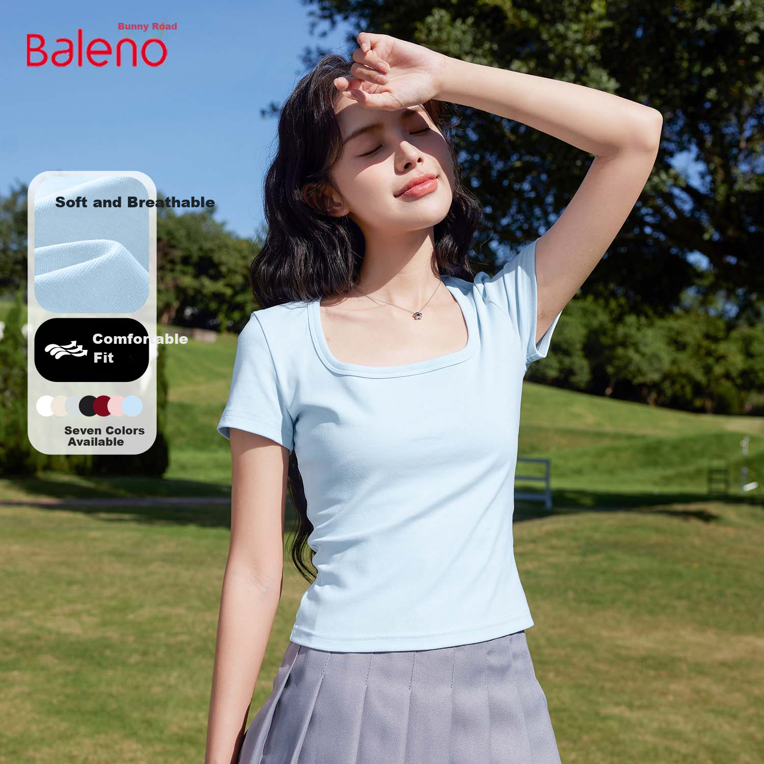 Baleno Square Neck Slim-Fit Short-Sleeve T-Shirt for Women, New Summer 2026 Style, Casual Travel Outfit, Fashionable Versatile Comfortable Elegant Top