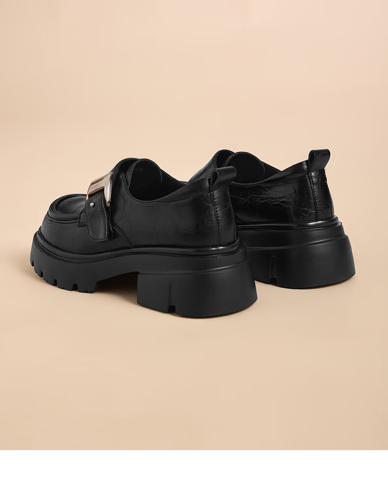 St&Sat Fleece-Lined Loafers for Women 2025 New Winter Warmth Small Size Height Increase British Style Comfortable Versatile Black Leather Shoes 13