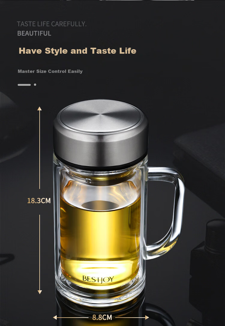 Fuguang Shixi Double-Layer Glass Cup with Handle and Filter, Heat-Resistant Office Mug, Large Capacity 520ml, Black 7