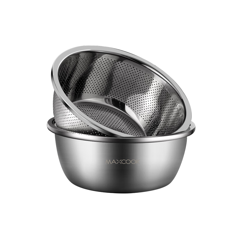 MAXCOOK 316L Stainless Steel Bowl and Sieve 3-Piece Set Thickened Seasoning Bowl, Vegetable Washing Bowl, Dough Mixing Bowl, Rice Sieve MCWA5653