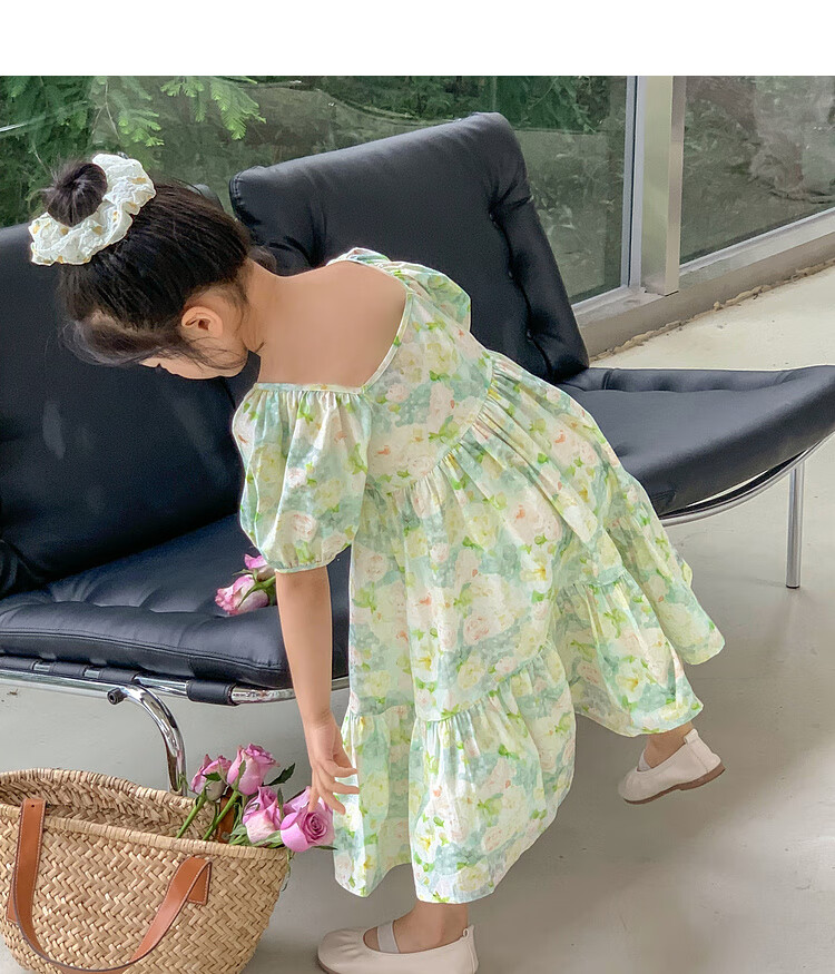 Tutuxiaoxiang Girls' Dress, 100% Cotton, Children's Puff Sleeve Floral Princess Dress, Green, Size 110, Height Approximately 110cm 13