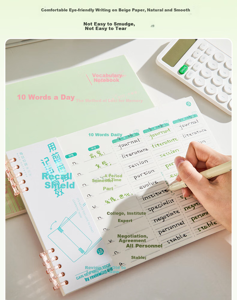 Sannianerban B5/40 English Vocabulary Notebook, Elementary And Middle School Students' Word Memorization Tool, Postgraduate Exam Aid, Ebbinghaus Forgetting Curve, Word Dictation Loose-Leaf Pages, Daily 10 Words, Qingyu Pink-Gree 5